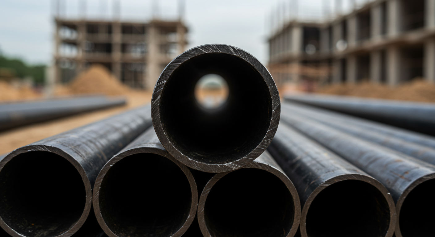 Hollow hitam steel pipe cross-section showing hollow core, used for structural support in construction.