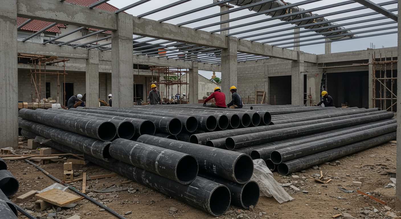 Hollow hitam pipes used in construction for fencing, ceiling frameworks, and structural support at a construction site.