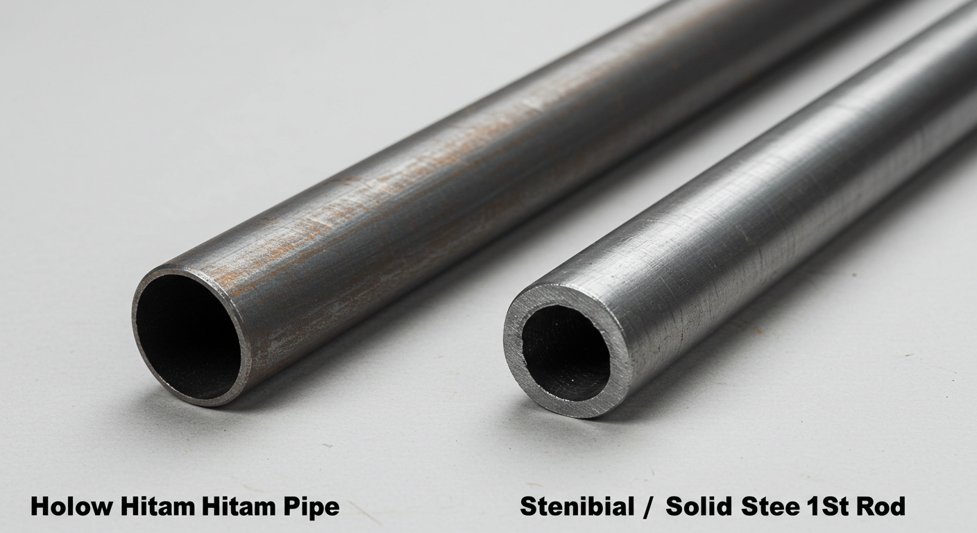 Comparison between hollow hitam steel pipe and solid steel rod, highlighting the lighter weight and structural benefits of hollow hitam.
