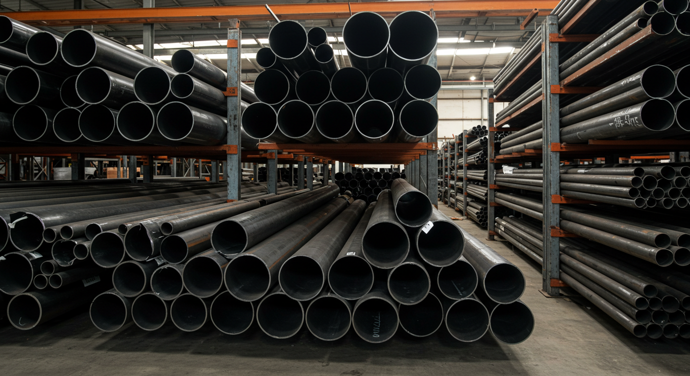 Various sizes and thicknesses of hollow hitam pipes available for construction projects, highlighting material versatility.