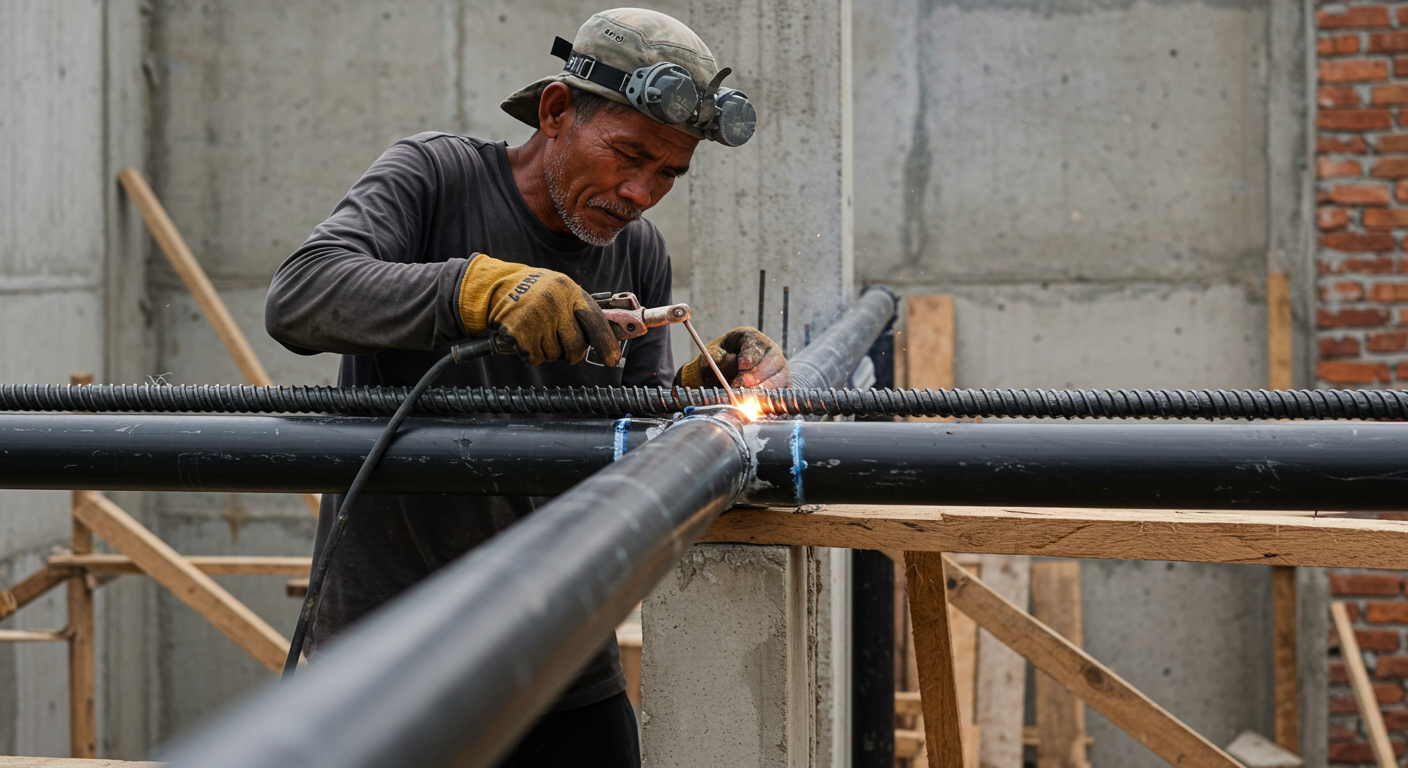Construction worker installing hollow hitam pipes in a building framework, demonstrating the material’s real-world application.
